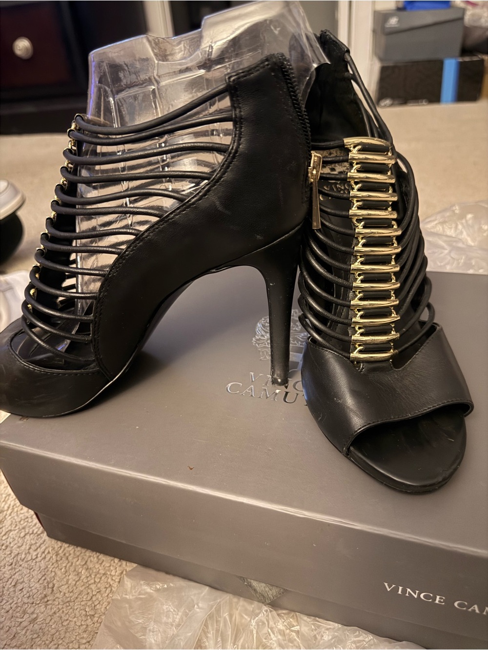 Vince Camuto Black Lace-Up High Heel Booties with Gold Zippers
